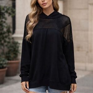 *NWT! Yoins Your Inspiration L/S Black Hooded Mesh Detail Pullover Plus SZ 2X